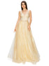 Bliss Golden Coil Lace Studded Illusion Tulle V-Neck Dress for Women, Sizes XS-3XL - SophiasStyle.com